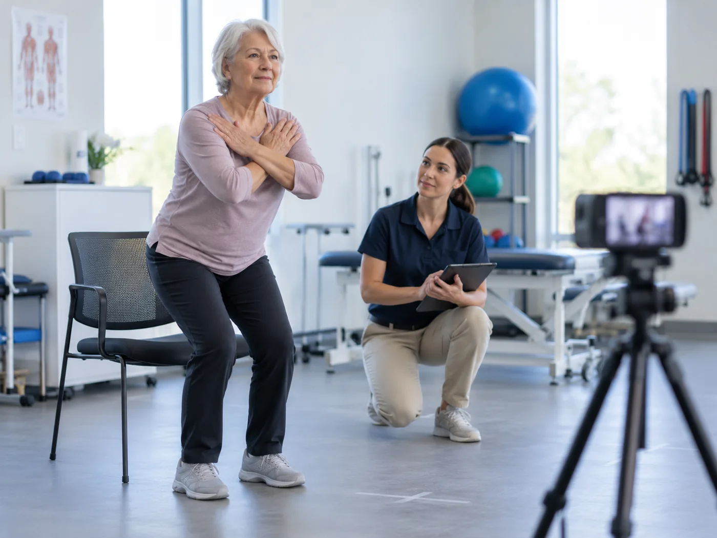 Older adult performing chair-stand assessment