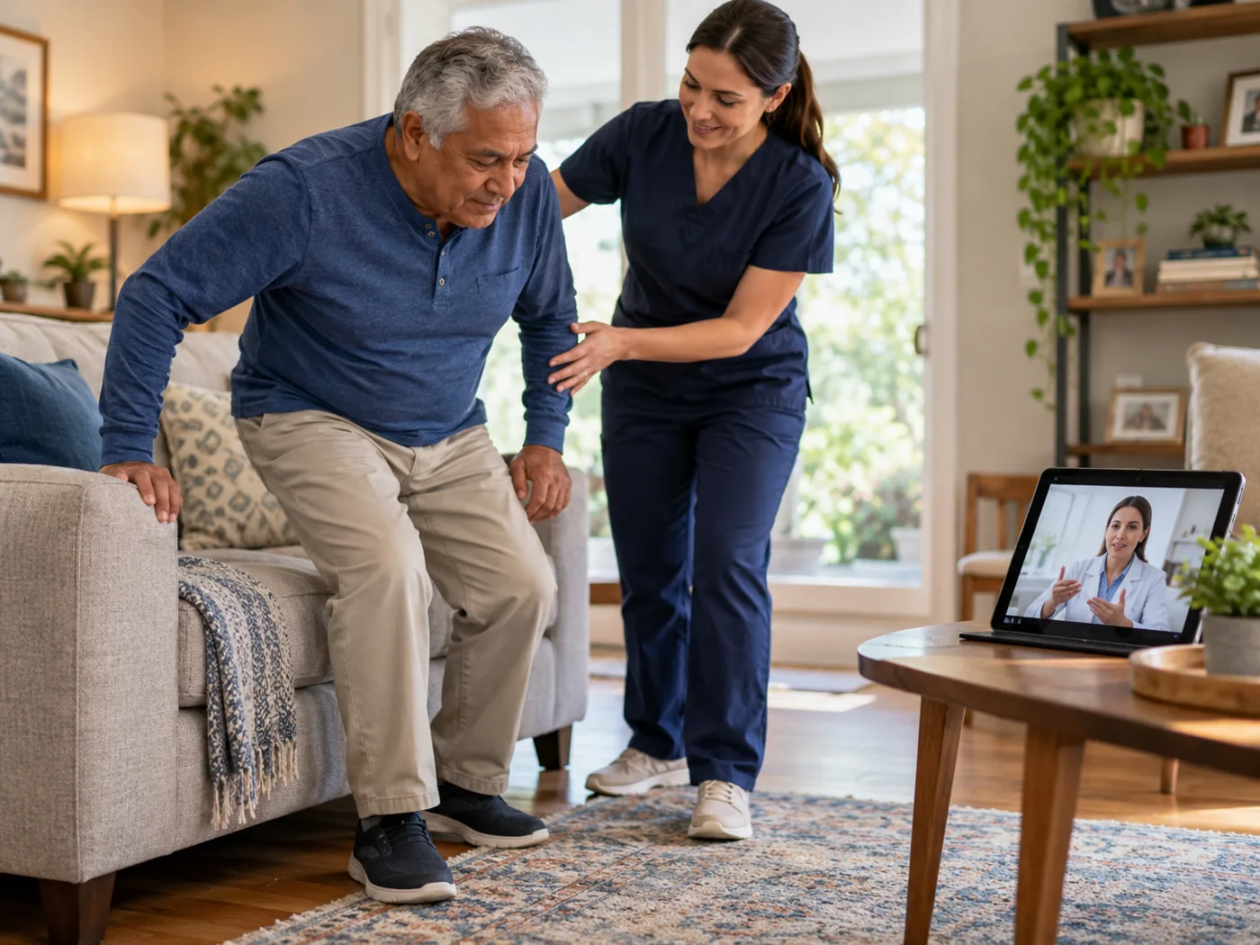 Illustrative therapist-assisted home movement task and remote follow-up